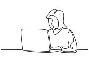 woman in front of laptop computer one continuous line drawing style vector
