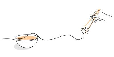 Hand hold chopstick and noodle in continuous line art drawing style vector