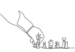 Hand play chess on board in one continuous single line art drawing style isolated vector