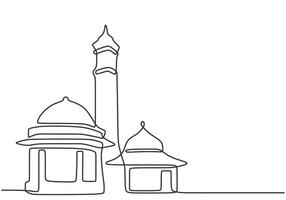 Mosque tower in one continuous single line art drawing style. Ramadan kareem concept . vector
