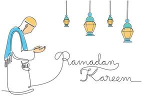 Muslim praying with hanging lanterns and ramadan kareem calligraphy in one single continuous line vector