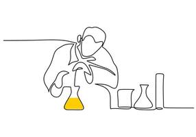 One continuous line drawing of scientist added chemicals for research vector