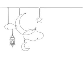 Hanging crescent moon, star, cloud and lantern elements in one single continuous line drawing style. vector