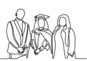 one continuous line drawing of graduated woman student with her parents isolated on white background vector
