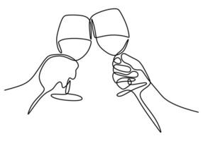 One line drawing champagne toast. Continuous linear couple wine glasses vector