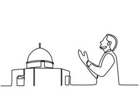 continuous one line of an Islamic praying and a symbol of mosque vector