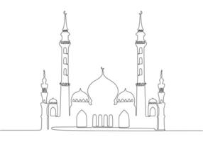 Big mosque in one single continuous line drawing style isolated on white background. Ramadan concept vector