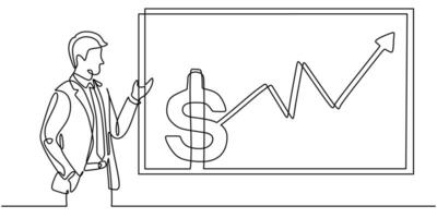 continuous line drawing of businessman with big dollar graphic chart. vector