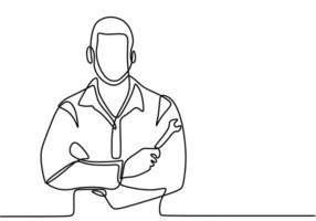 Continuous line drawing mechanic holding the wrench works vector
