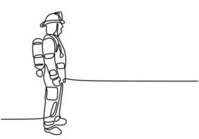 continuous line drawing of fully clothed firefighter with axe hammer. vector