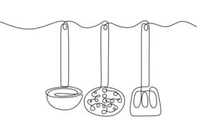 one continuous line drawing of hanging silk, spatula and cooking spoon isolated on white background. vector