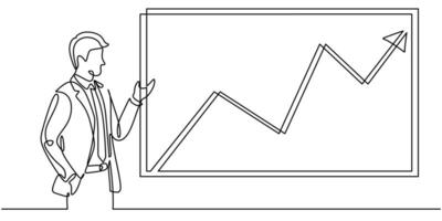 continuous line drawing of businessman presentation graphic chart. vector