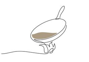 Frying pan on fire in one single line continuous drawing illustration. vector