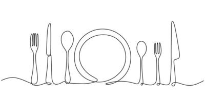 continuous line drawing of knifes, spoons, forks and plate on white background. Table manner concept vector