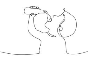 one continuous single line of boy drinking mineral water from bottle isolated on white background. vector