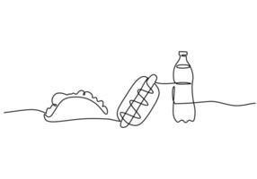 one continuous line drawing of kebab, hotdog, and mineral water isolated on white background. vector