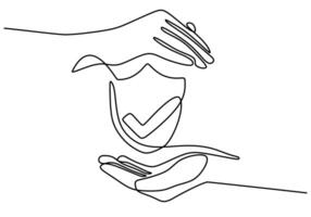 one continuous single line of shield symbol in the middle of two hands isolated on white background. vector