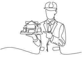 One continuous line drawing of architect manager bring house miniature vector