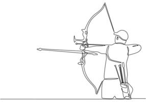 One single line drawing of archer man focus archery to hit the target. vector
