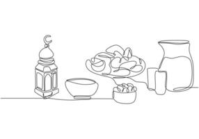 fast breaking dish for iftar in continuous line drawing style for Ramadan kareem concept. vector