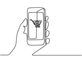 Single line drawing of online shopping with shopping cart image vector