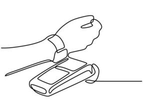 Single one line drawing of hand with smartwatch tap on edc machine. Bank concept. Continuous line draw design graphic illustration. vector