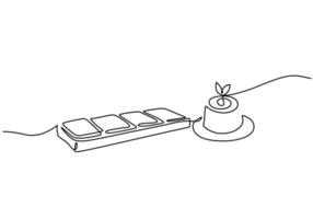 one continuous line drawing of chocolate bar and sweet pudding cake isolated on white background. vector