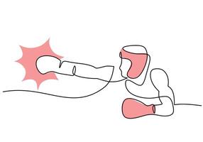 Athlete boxer with gloves and a helmet is training in one continuous single line drawing style. vector