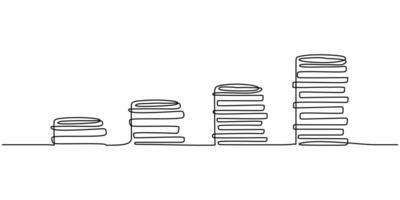 Single continuous line of coins stacks money, saving and investment vector