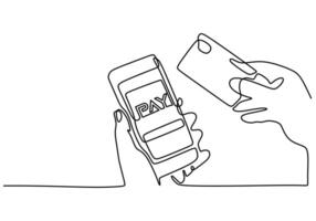Continuous line drawing of hand hold Smartphone and credit cards isolated on white background. vector
