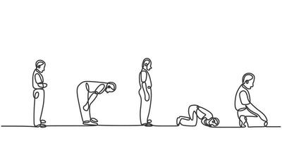 Muslim man pray do islamic ritual movement in one continuous single line art drawing style isolated on white background. Islamic concept illustration. vector