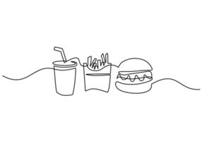 Single line drawing Burger, soda and french fries fast food in continuous line art style. vector