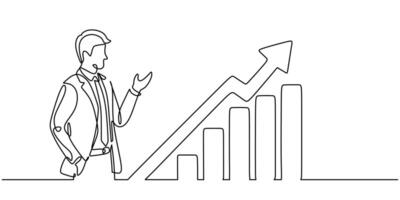 Man beside Growing graph in continuous line drawing. business chart. vector