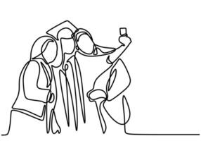 one continuous line drawing of graduated woman student posing selfie with her parents. vector