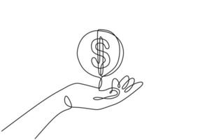 Hand holding coin continuous one line drawing art with dollar symbol. vector