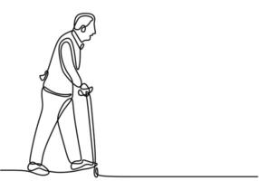 Continuous one line drawing of old man walking with a cane. vector