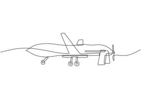 One single line drawing of flying drone airplane, unmanned plane vector