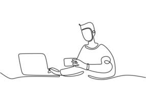 Man use Online debit card. Internet banking one line drawing vector