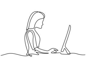 woman in front of laptop computer in one continuous line drawing style. vector
