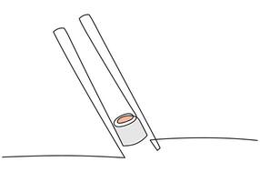 Continuous one line of sushi rolls with chopstick. vector