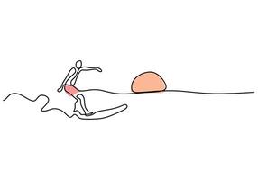 One continuous line drawing of surfer surfing with sunset beach view isolated on a white background. vector