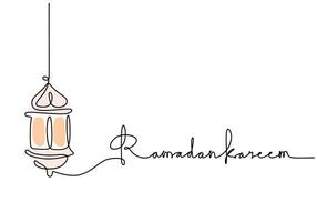 Hanging lanterns with ramadan kareem handwritten in One line drawing. vector