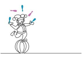 Clown on ball juggling with circus stick use hand standing in continuous line art drawing style. vector