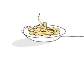 pasta spaghetti noodle on plate in one continuous single line style isolated on white background. vector