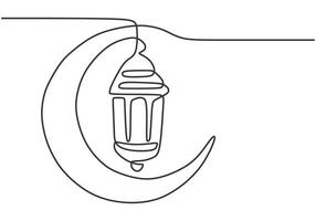 Lanterns hanging at crescent moon in one continuous single line. Ramadan kareem concept . vector