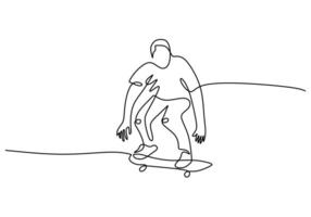 Single continuous line drawing of young skateboarder man riding skate and performing trick vector