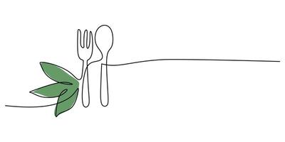 Fork and spoon with vegetable leaf in continuous line art drawing style on white background. vector