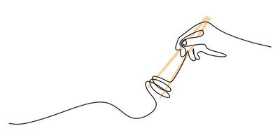 Hand hold chopstick and noodle continuous line art drawing style isolated on white background. vector