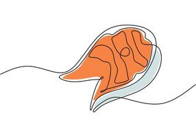 Fresh salmon fish slice in one continuous line art drawing style. vector