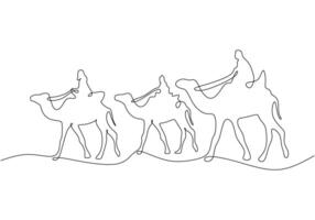 group of people riding camels one single continuous line for Ramadan kareem concept vector